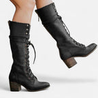 Damen Kniehohe Schnürstiefel mit Blockabsatz