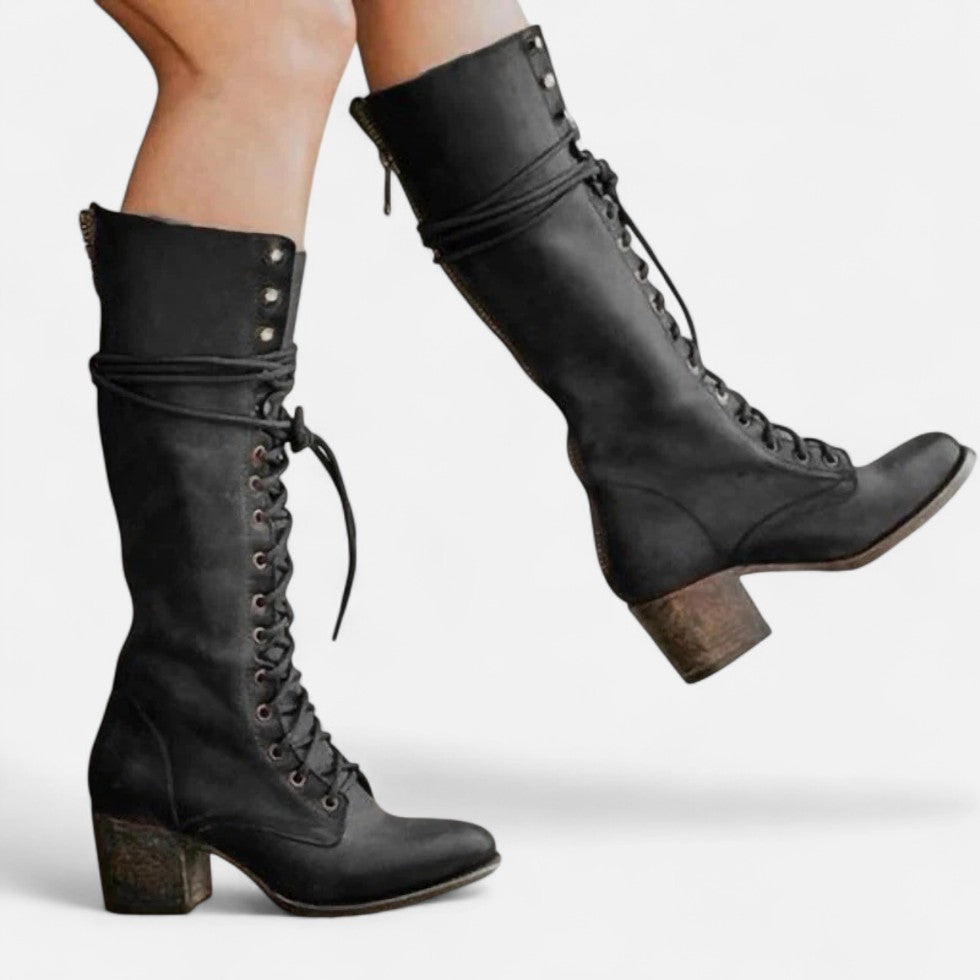 Damen Kniehohe Schnürstiefel mit Blockabsatz
