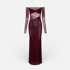 Langes Abendkleid mit Off Shoulder Schnitt und transparentem Oberteil
