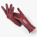 Damen Lederhandschuhe aus Schafsleder mit Raffung – Gefütterte Winterhandschuhe, Herbst Winter