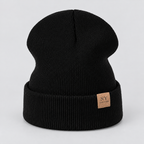 Damen Strickmütze mit Umschlag und Lederpatch – Gerippte Beanie, Herbst Winter