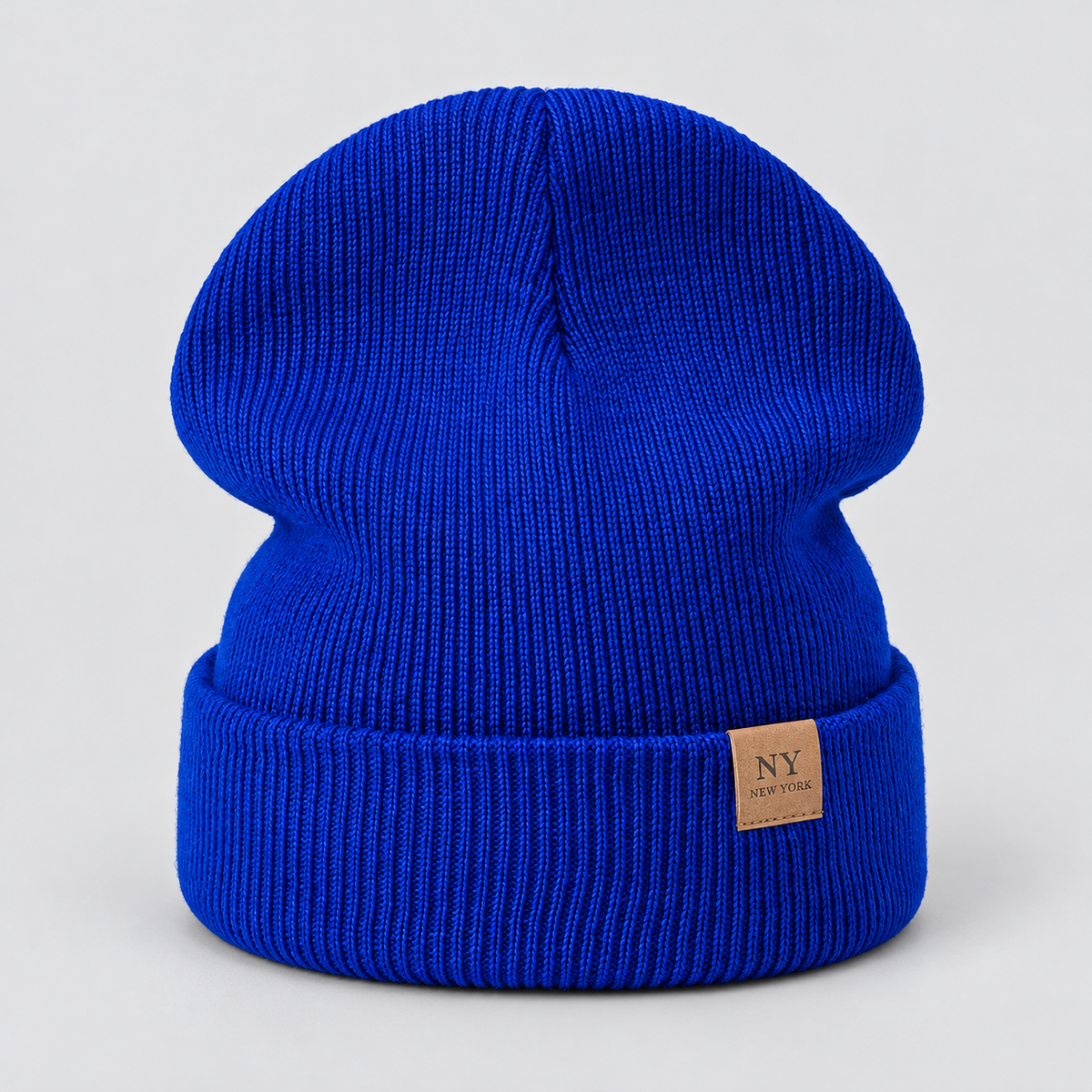 Damen Strickmütze mit Umschlag und Lederpatch – Gerippte Beanie, Herbst Winter