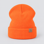 Damen Strickmütze mit Umschlag und Lederpatch – Gerippte Beanie, Herbst Winter