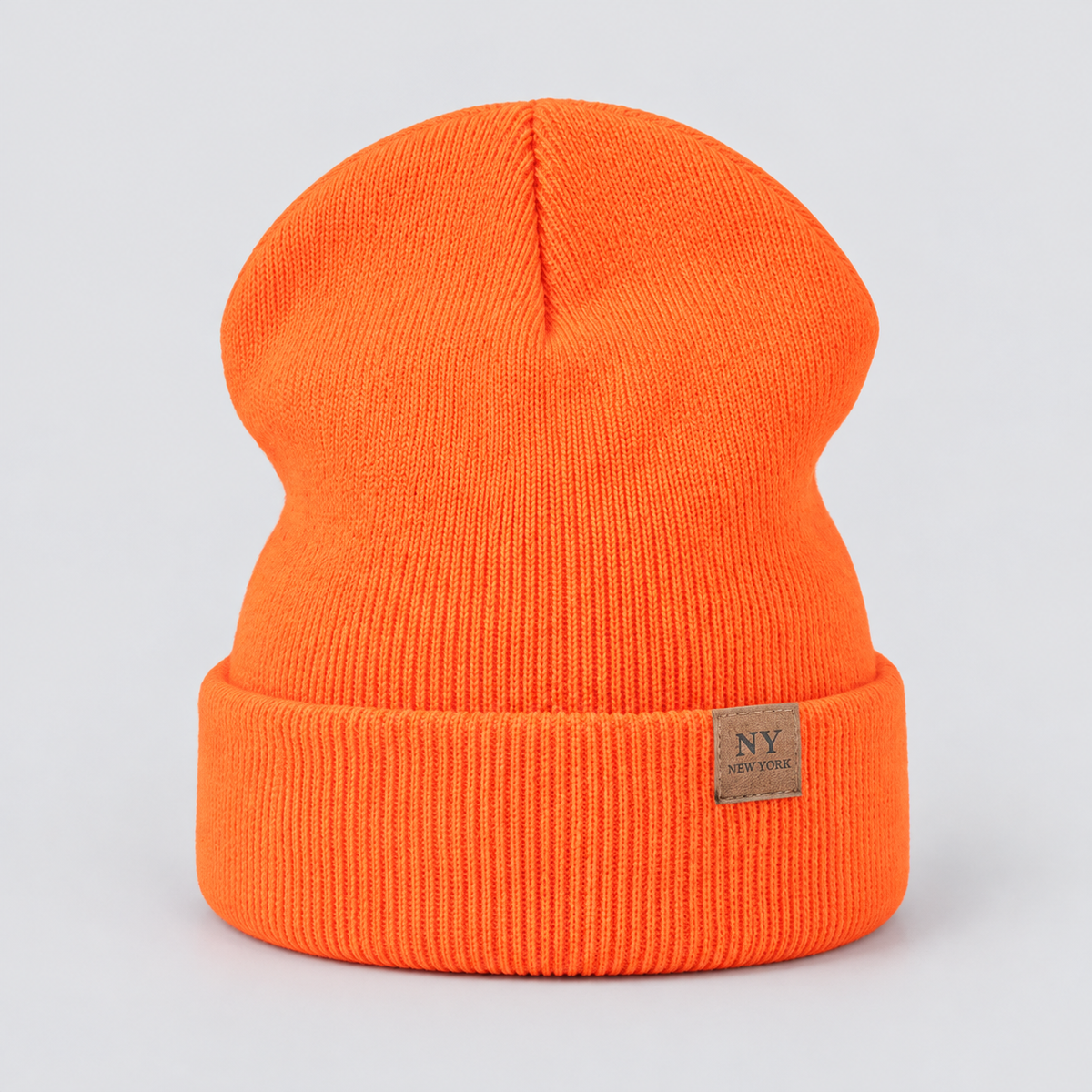 Damen Strickmütze mit Umschlag und Lederpatch – Gerippte Beanie, Herbst Winter