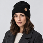 Damen Strickmütze mit Umschlag und Lederpatch – Gerippte Beanie, Herbst Winter