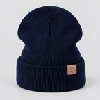 Damen Strickmütze mit Umschlag und Lederpatch – Gerippte Beanie, Herbst Winter